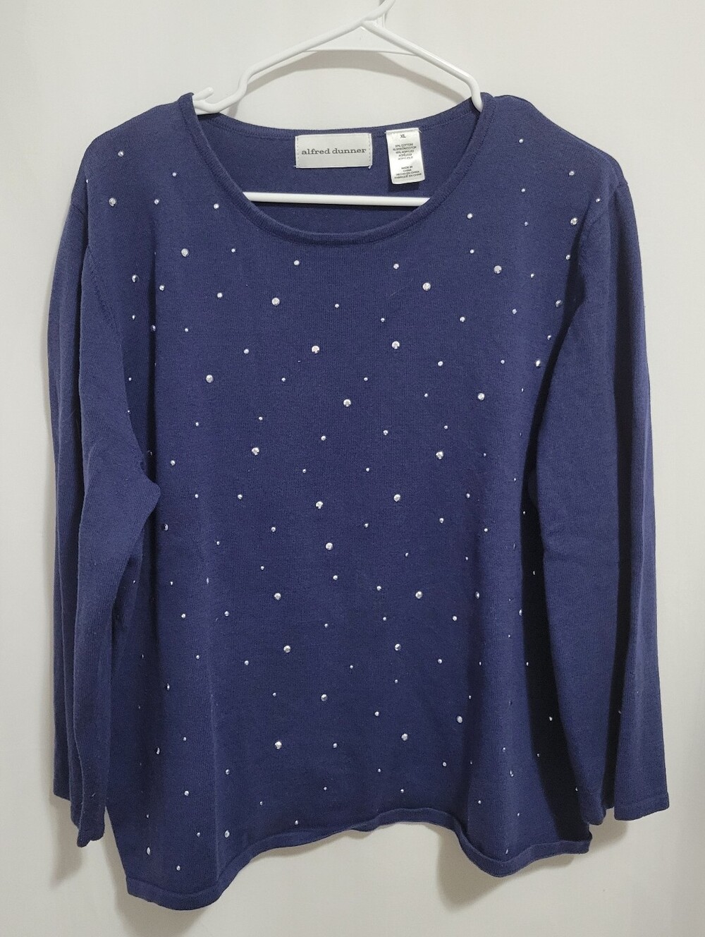 Alfred Dunner Navy Blue Long Sleeve Top with Rhinestone Embellishments, Size XL